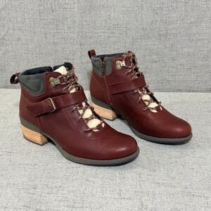Merrell Women 10 Burgundy Leather Lace Up Ankle Boots Shearling Lined Side Zip